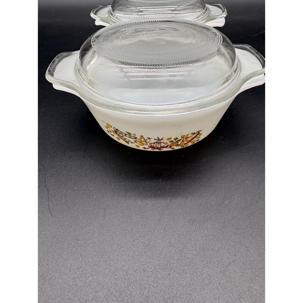 Fire-King #472 Vintage Harvest Vegetable Milk Glass‎ Casserole Bowls w/Lids Pair - Picture 5 of 13